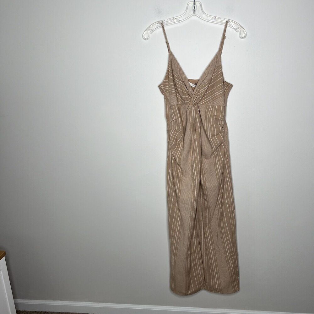 Mustard Seed Women’sDress Medium Cotton Twist Front Tan Stripes Midi Lagenlook - Picture 8 of 15